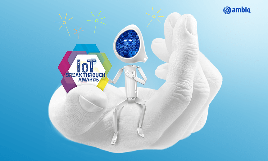 Scotty sitting on hand with IoT Breakthrough Awards