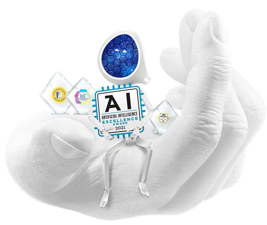 Scotty sitting on hand holding AI Excellence Award 2021