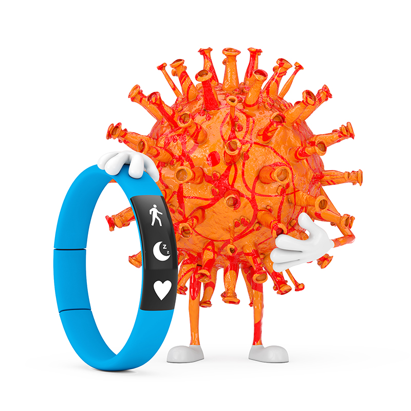 cartoon coronavirus mascot with blue fitness tracker