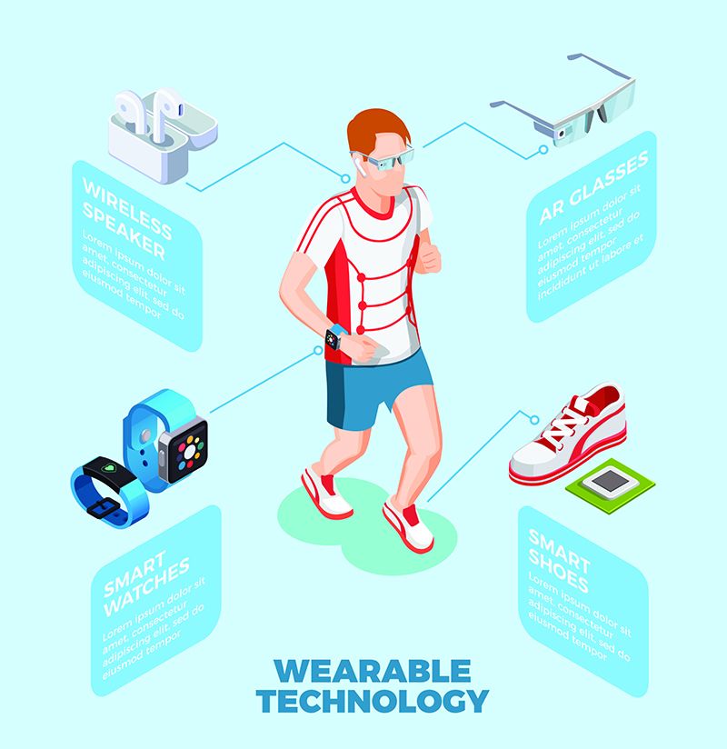 jogging man wearing smart shoes watch ar glasses wireless speaker