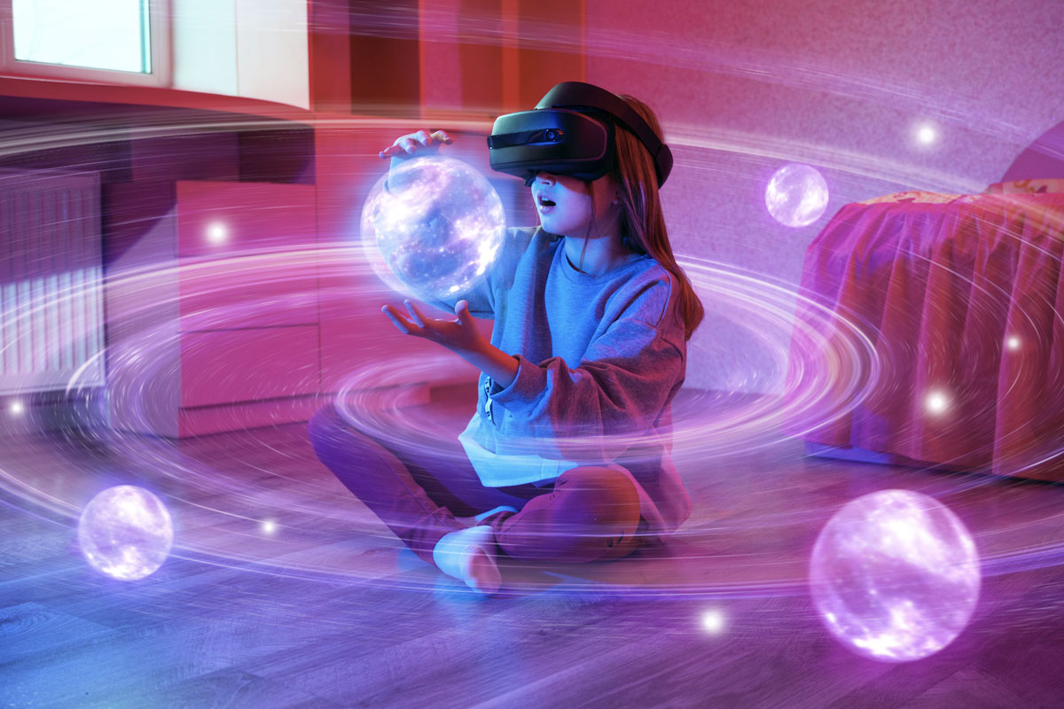 Girl exploring space with VR headset