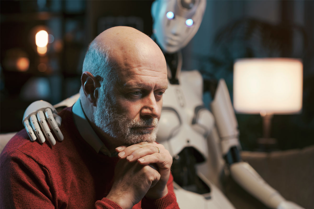 Depressed man being comforted by AI robot