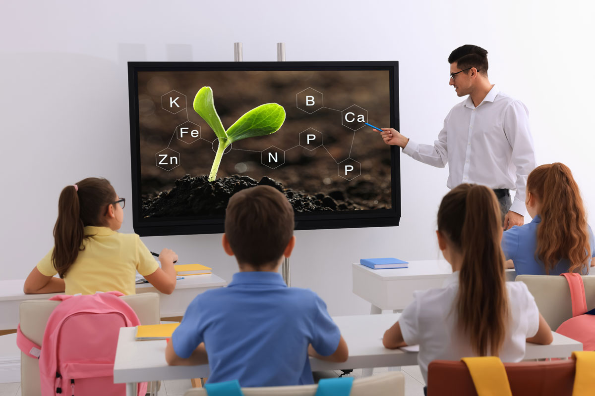 Teacher using smart board in classroom