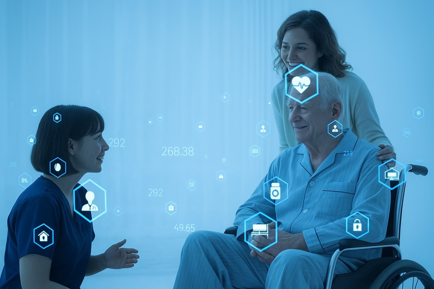 AI in Nursing home blog Man in wheel chair with analytics 1
