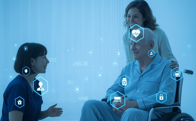 博客 10 AI in Nursing home blog Man in wheel chair with analytics 1