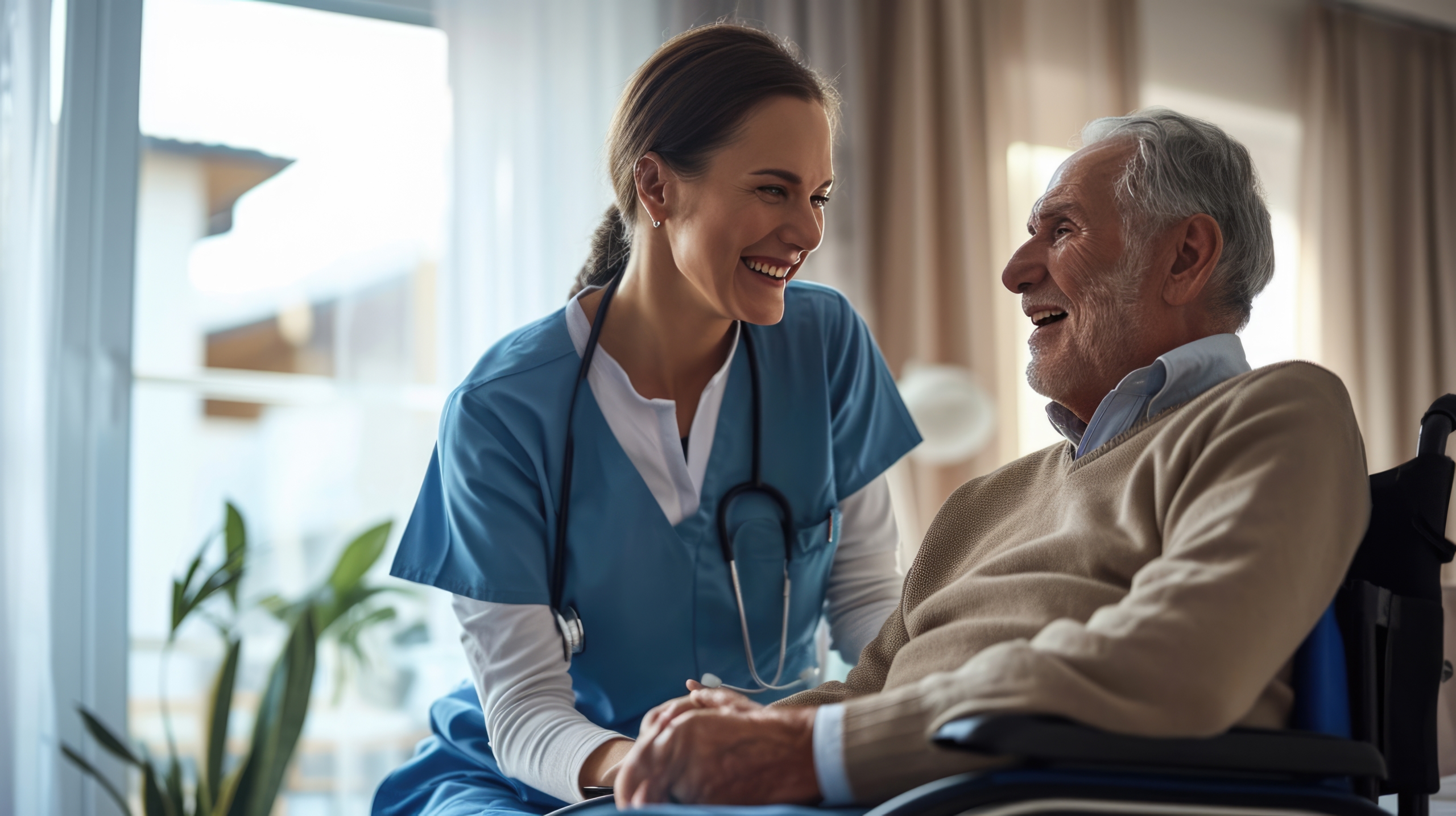 Caring female nurse in blue scrubs smiling and holding hands with an elderly male patient